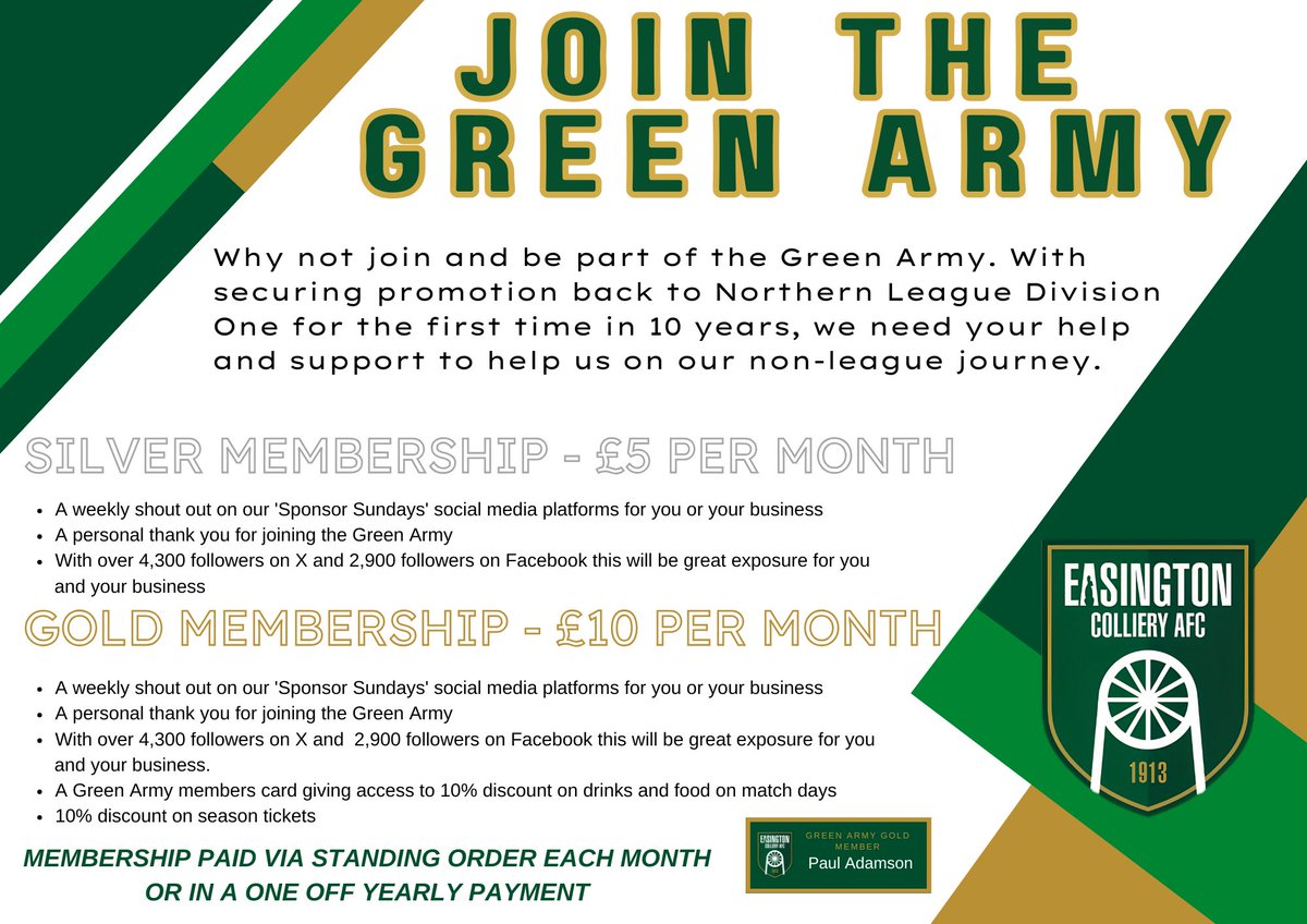 GREEN ARMY MEMBERSHIP: We're delighted to be able to offer a club new membership ahead of our 2024-2025 Northern League Division One season.

To join our membership, please complete this survey: surveyheart.com/form/66535352d…

Full membership details below.