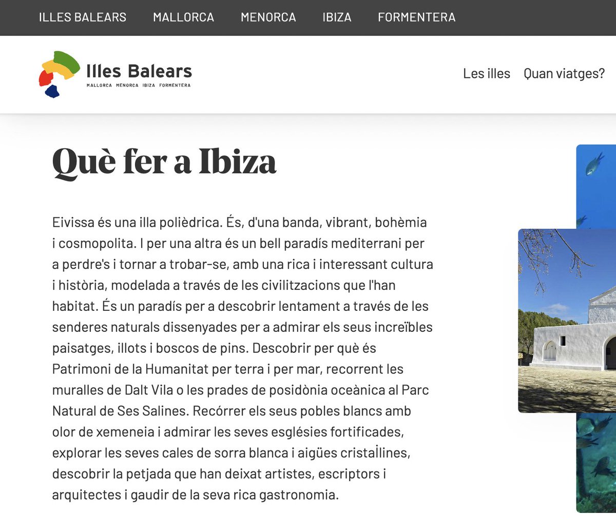 És una pàgina oficial del govern balear, però quan el web és en català, el topònim d'Eivissa hi apareix en castellà. Es podria solucionar, @TurismeIB_CAT?