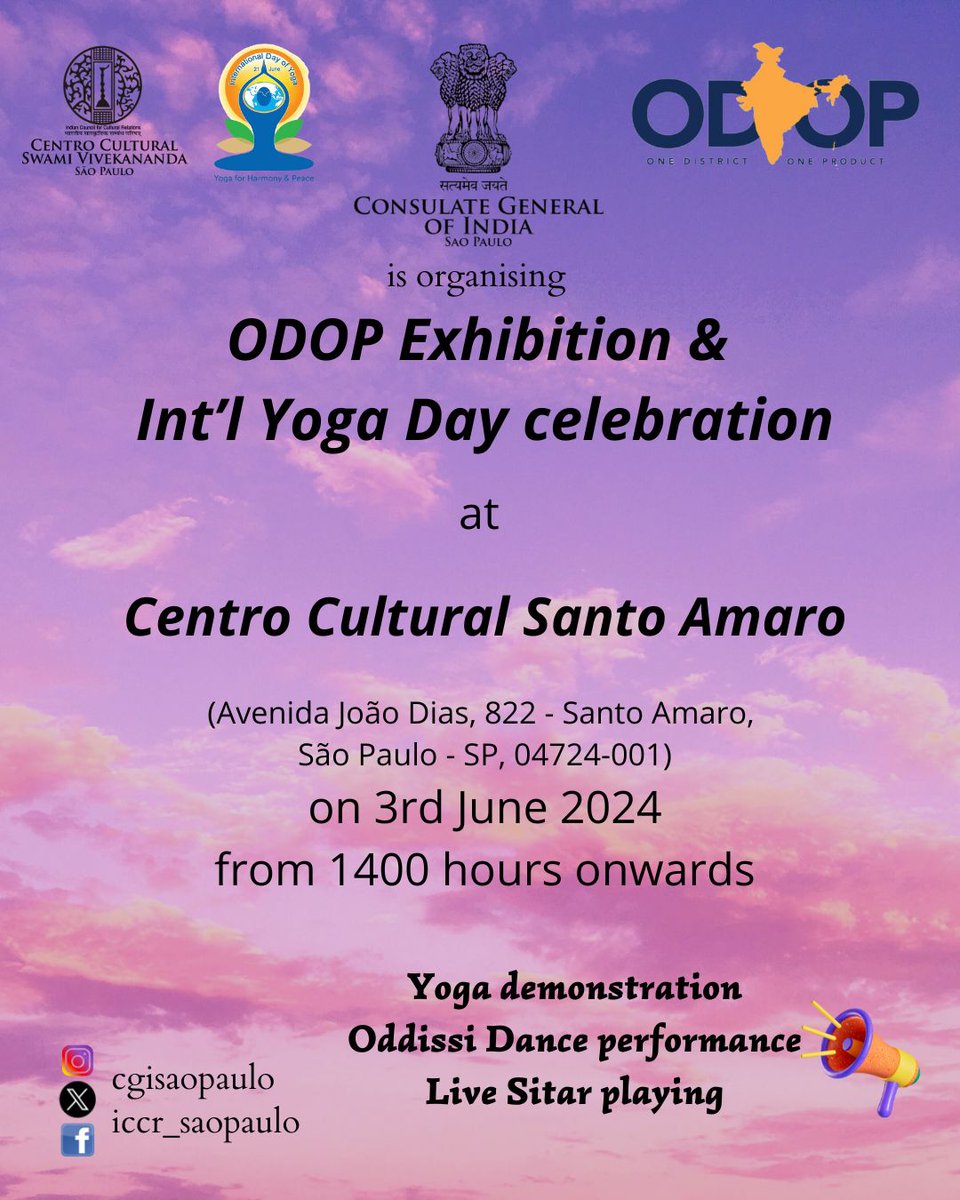 @cgisaopaulo, @iccr_saopaulo in collaboration with @prefsp is presenting #ODOP Exhibition and #IDY2024 celebration from 3-7 June 2024. You are cordially invited to attend the inaugural ceremony on 🗓️3rd June 📷 1400 hrs 📍Avenida João Dias, 822 - Santo Amaro, SP 🎫Entry free