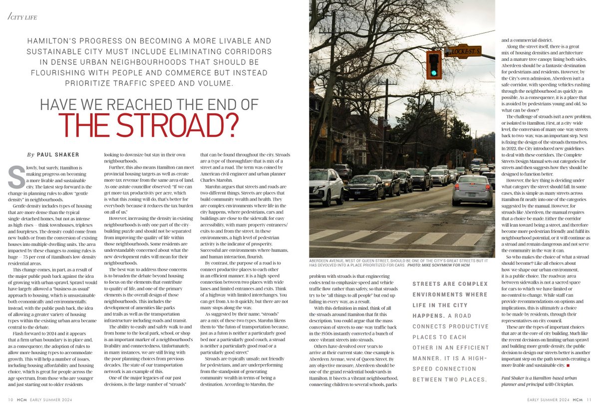 Have We Reached the End of the Stroad? In the early summer issue of <a href="/HamCityMagazine/">HAMILTON CITY Magazine</a>, <a href="/Civicplan/">Civicplan</a>'s Paul Shaker explains how poorly designed street/road hybrids are limiting progress on becoming a more livable and sustainable city.

issuu.com/hamiltoncityma…