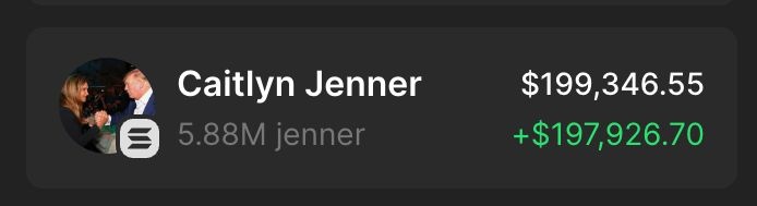 GREATEST DAY OF MY LIFE THANK YOU @Caitlyn_Jenner THANK YOU $JENNER APED IN WITH 6.5 SOLANA 7 HOURS AGO IT WAS $800 5 HOURS AGO IT WAS $42,000 3 HOURS AGO IT WAS $108,000 1 HOURS AGO ITS AT FUCKING $200,000 NOT SELLING UNTIL A MILLION WE BUY THE DIP $JENNER CRYPTO IS