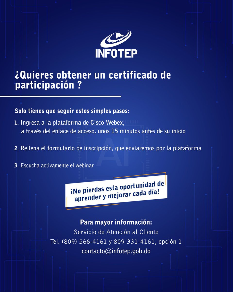 InfotepRD's tweet image. 🔺 Para recibir el certificado de participación, debes ingresar a través de la plataforma Cisco Webex, 15 minutos antes del inicio del webinar, y rellenar el formulario de inscripción que enviaremos por esa vía. 📝¡Esperamos por ti!

#CapacitarEsProgresar
#INFOTEPTransformaVidas