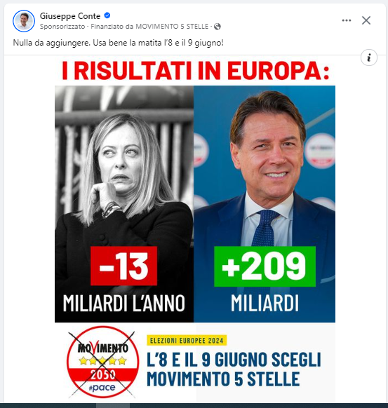 'Nulla da aggiungere. Usa bene la matita l’8 e il 9 giugno!'
Giuseppe #Conte 
#8giugno #9giugno #europee2024 
#IoVotoM5S 
#M5Stelle