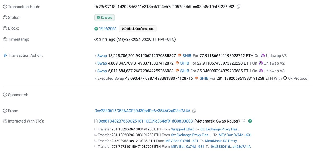 [ETHERSCAN] An investor made $1.24 million from selling Shiba Inu purchased over three years ago. In January 2021, the investor bought around 48 billion $SHIB for 2 $WETH