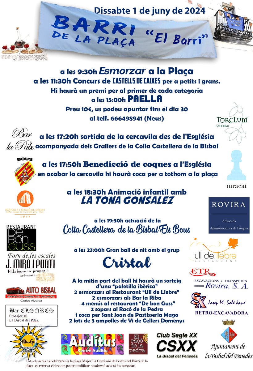 BARRIS | 📣Ja tenim aquí les festes dels barris! Comencem amb el Barri de la Plaça, que ha organitzat activitats durant tot el dissabte 1 de juny. Gaudiu-les!
#BarrisBisbalPenedès #LaBisbalDelPenedès #BaixPenedès #Penedès #BarriDelaPlaça