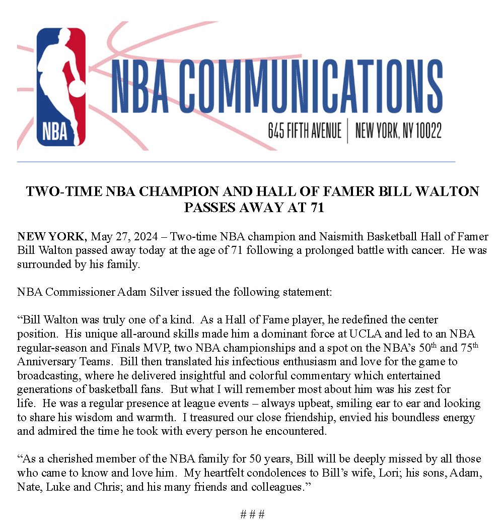 RIP Bill Walton, Legendary athlete and one of our favorite @NBASummerLeague Announcers/Commentators 

(Via @NBA @NBAPR)