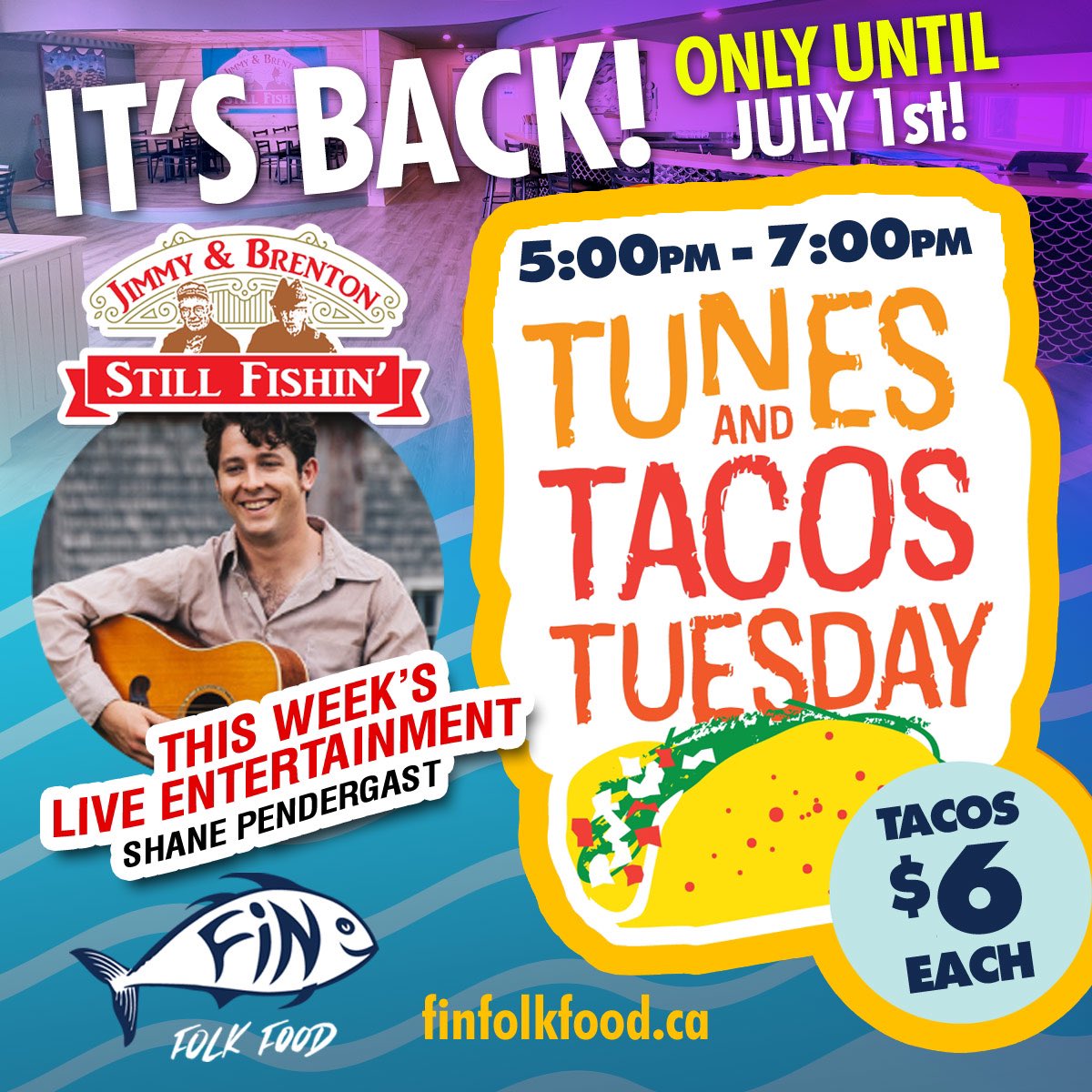 It’s Back… starting tomorrow @fin_folk_food Taco Tuesday with Shane Pendergast 🎶 
We’d love to see Yah!!!