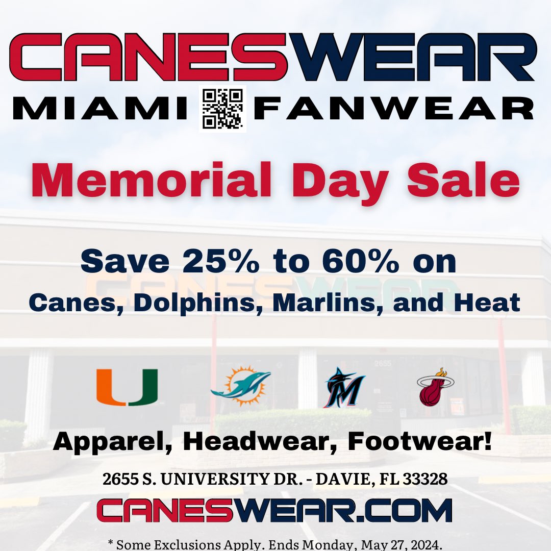 It’s too hot outside? Great news we are open today until 5PM today! Even better…save 25% to 60% on over 2000 items! Visit our store in Davie or Sale is online until midnight! CanesWear.com