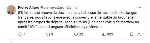 «Les médias et Francis Drouin - quel gâchis!». Suite de mon gazouillis du 22 mai. Voir mon texte de blogue à lettresdufront1.blogspot.com/2024/05/les-me… @LeDroitca @LeDevoir @LP_LaPresse @JdeMontreal @RadioCanadaInfo @tvanouvelles @iciottgat @ONfr_TFO