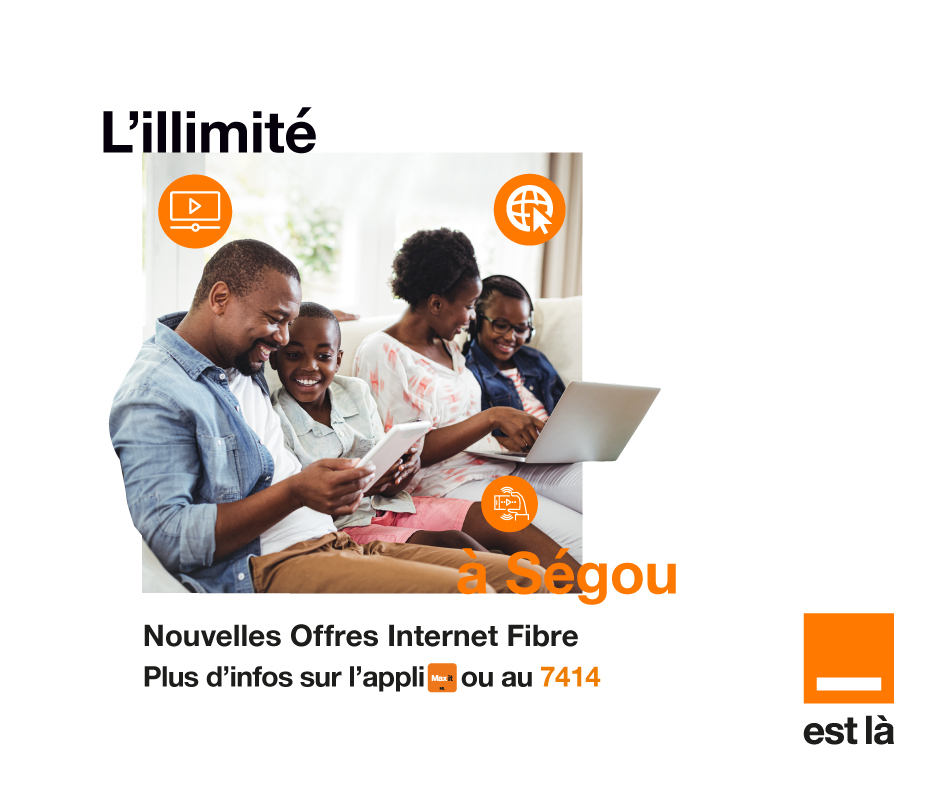 Ségou Kaw Kow bey deh Taré Taré, la Fibre arrive à Ségou ! Profitez du très haut débit en illimité à partir 15 000 FCFA pour surfer paisiblement en famille et au bureau. Pour tester votre éligibilité, rendez-vous sur l’appli Max it #Fibreorangesegou #Orangemali