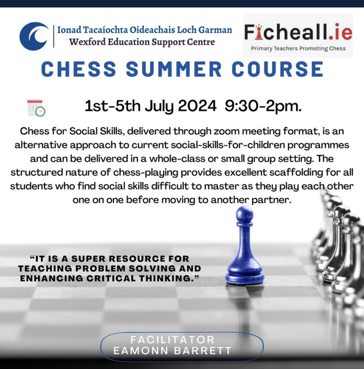 Wexford Education Support Centre (@wexfordedcentre) on Twitter photo Would you like your school to take part in the fantastic âŠ<a href="/Ficheall_ie/">Ficheall.ie</a>â© Chess Tournaments? Join âŠ<a href="/EamonnBarrett1/">Eamonn Barrett</a>â© on July 1st for this excellent Chess Summer Course and your students will love you for it!!!!Places are filling fast! Register at ecwexford.ie Would you like your school to take part in the fantastic âŠ<a href="/Ficheall_ie/">Ficheall.ie</a>â© Chess Tournaments? Join âŠ<a href="/EamonnBarrett1/">Eamonn Barrett</a>â© on July 1st for this excellent Chess Summer Course and your students will love you for it!!!!Places are filling fast! Register at ecwexford.ie