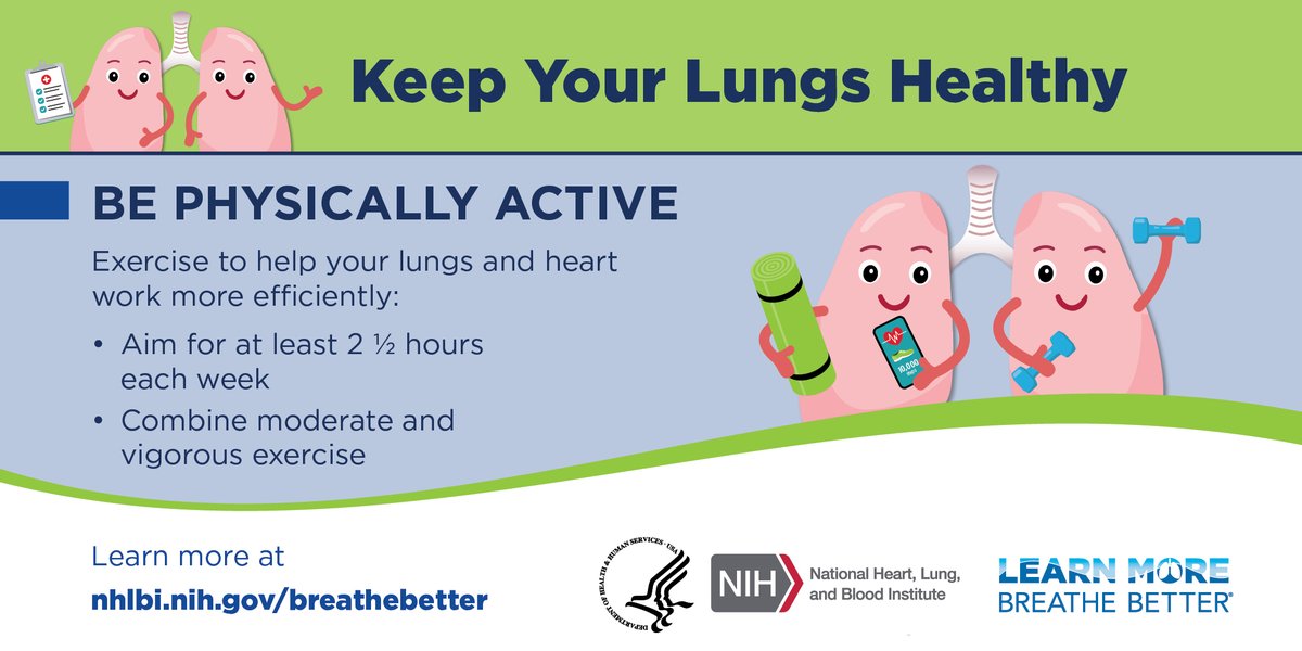 Physical activity is important to keeping your lungs healthy. If you have asthma or COPD, talk to your healthcare provider about adding simple exercises into your daily routine. Learn more about lung health: go.nih.gov/5SFqE5g #BreatheBetter #MoveInMay #AsthmaAwareness