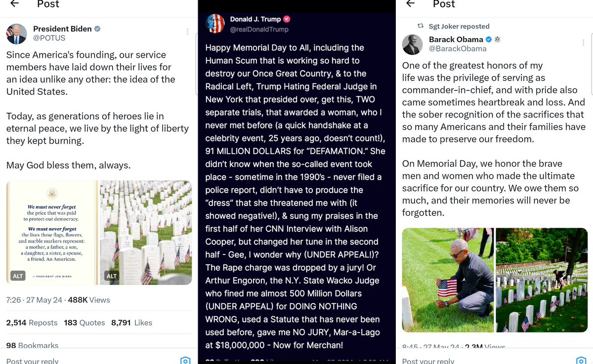 Two of these posts are from decent humans paying their respects to those who have fallen so that we might be free. One is from a malevolent turd custard dictator wannabe who thinks it's appropriate to play the victim on Memorial Day.