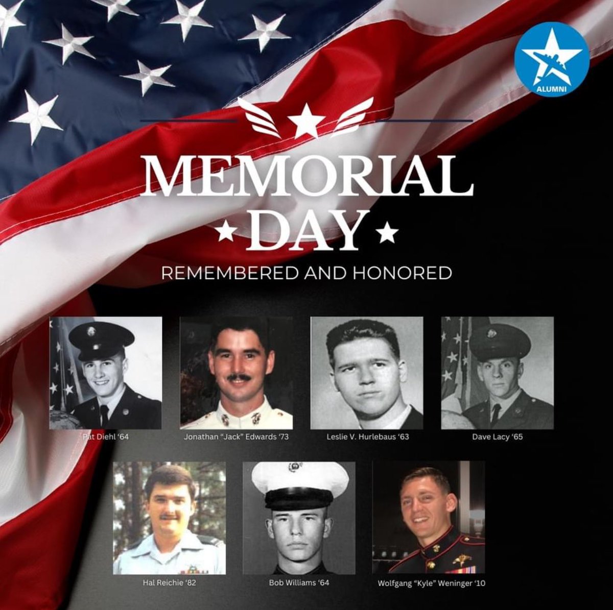 Honoring our brave <a href="/KenstonSchools/">KenstonSchools</a> alumni on this Memorial Day.
💙 Pat Diehl '64
🩵 Jonathan 'Jack' Edwards ' 73
❤️ Leslie V. Hurlebaus '63
💙 Dave Lacy '65 
🩵 Hal Reichle '82
❤️ Bob Williams '64
💙 Wolfgang 'Kyle' Weninger '10
Their bravery and service will never be forgotten.