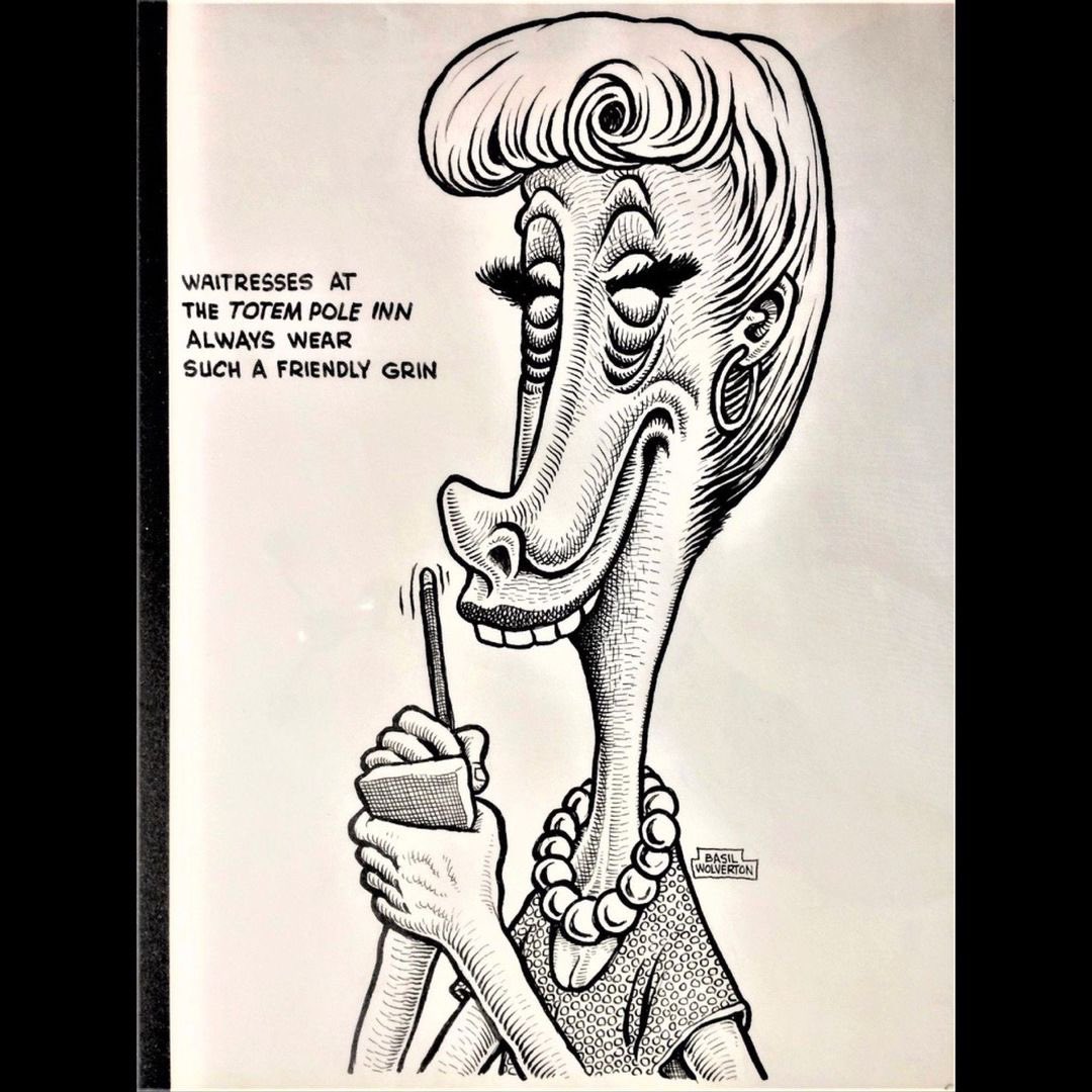 This reminds of that waitress lady in 5 Easy Pieces the one who said “No substitutions!” And Jack went all apeshit on her…..Whoahhhhh!

Basil Wolverton: Totem Pole Inn Ad #2 (c. 1950s) , ca. 1950–1959⠀
#comics #glennhead