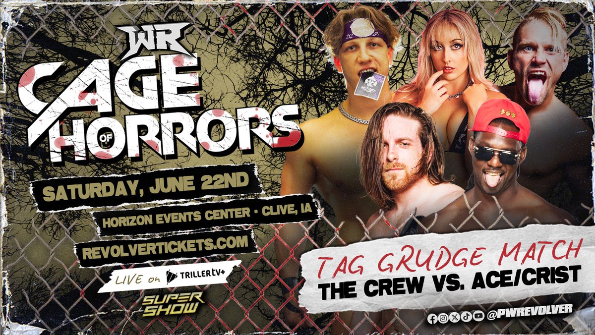 [BREAKING]

They broke Jake Crist's wife &amp; managers leg. Now theres HELL to pay!

Signed for 6/22
#RevolverCAGE
<a href="/HorizonEventsC1/">Horizon Events Center</a> 
LIVE on @FiteTV+

*GRUDGE TAG MATCH*

"The CREW" Rich Swann &amp; Matthew Palmer
Vs.
Jake Crist &amp; Ace Austin w/ Gia Miller!

🎟️ RevolverTickets.com