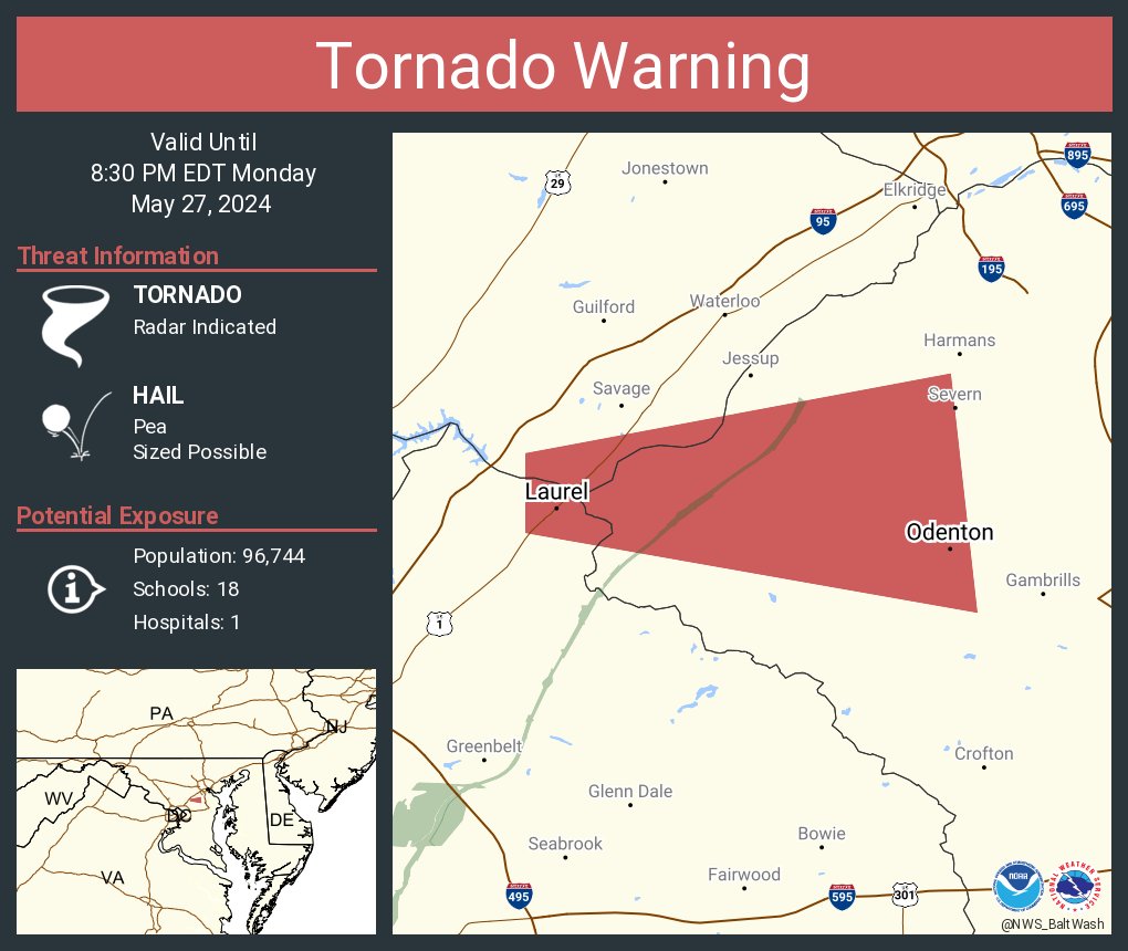 Tornado Warning including Odenton MD, Laurel MD and Maryland City MD until 8:30 PM EDT