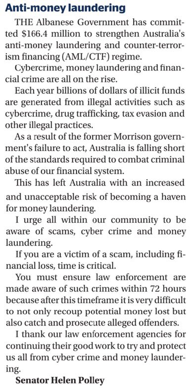 polley_helen's tweet image. The Albanese Labor Government is tackling money laundering and cyber crime by resourcing our law enforcement agencies. Printed in @TheExaminer on Tuesday, 28 May 2024. #moneylaundering #money #laundering #crime @AustralianLabor @TasmanianLabor #auspol #politas