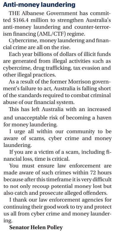 The Albanese Labor Government is tackling money laundering and cyber crime by resourcing our law enforcement agencies. Printed in @TheExaminer on Tuesday, 28 May 2024. #moneylaundering #money #laundering #crime @AustralianLabor @TasmanianLabor #auspol #politas