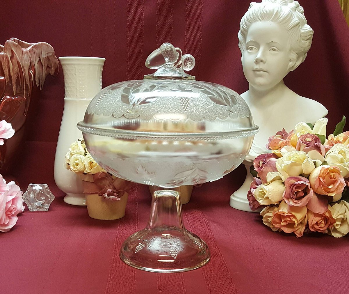 1800s EAPG 'Stippled Grape & Festoon' Lidded Compote / Comport, Acorn Finial, Doyle and Co., 'Doyle #28' Buffet Centerpiece Dining, Prop tuppu.net/834eff2e #AmazingFunVintage #Etsy #KitchenDiningDecor