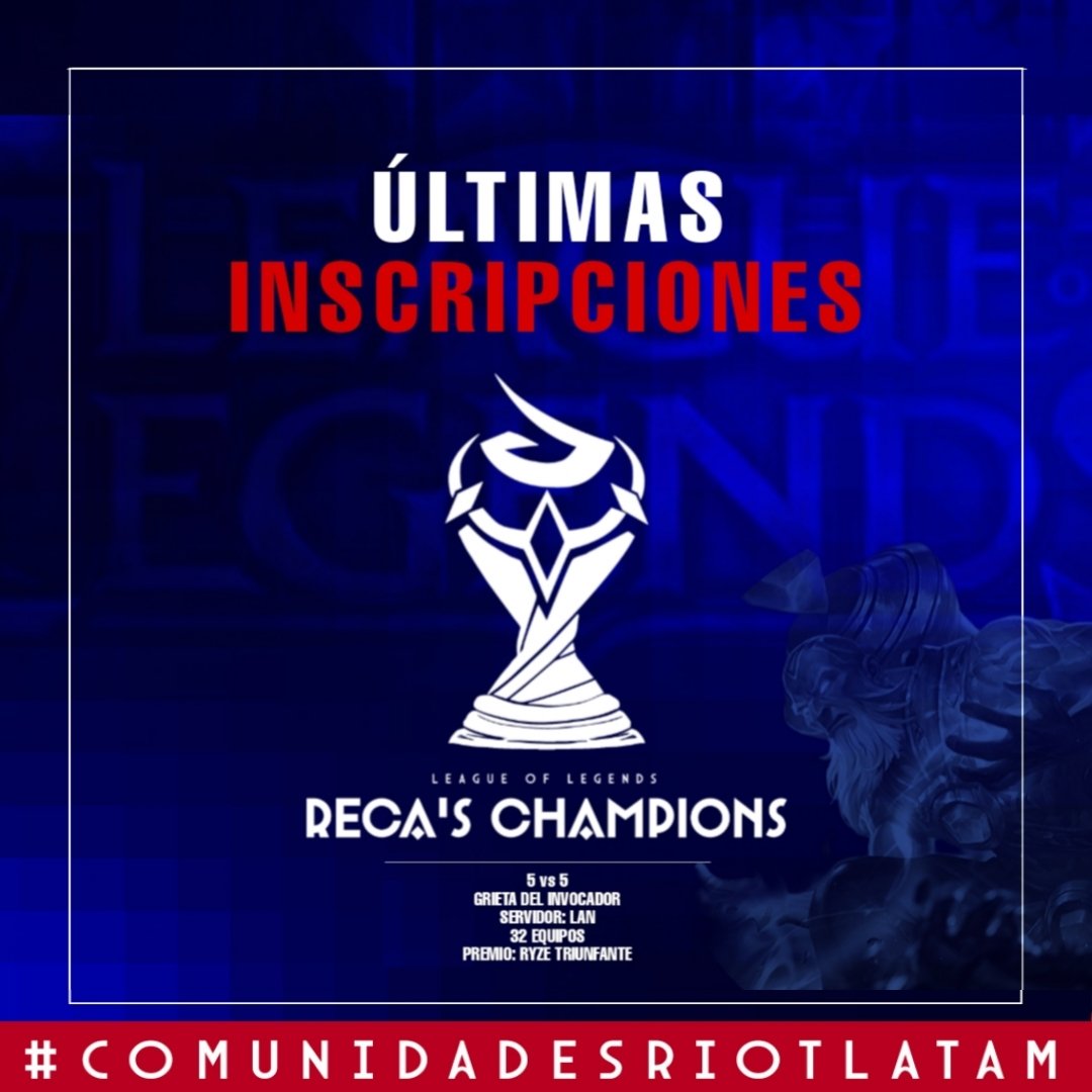 📢 Esta es la última semana de inscripciones! Registra a tu equipo de League of Legends y compite por ser el Campeón de Campeones ✨🏆☄️ . Registro ✍️⬇️⬇️ docs.google.com/forms/d/e/1FAI… ⬆️⬆️⬆️⬆️ #ComunidadesRiotLatam #Recasaquero