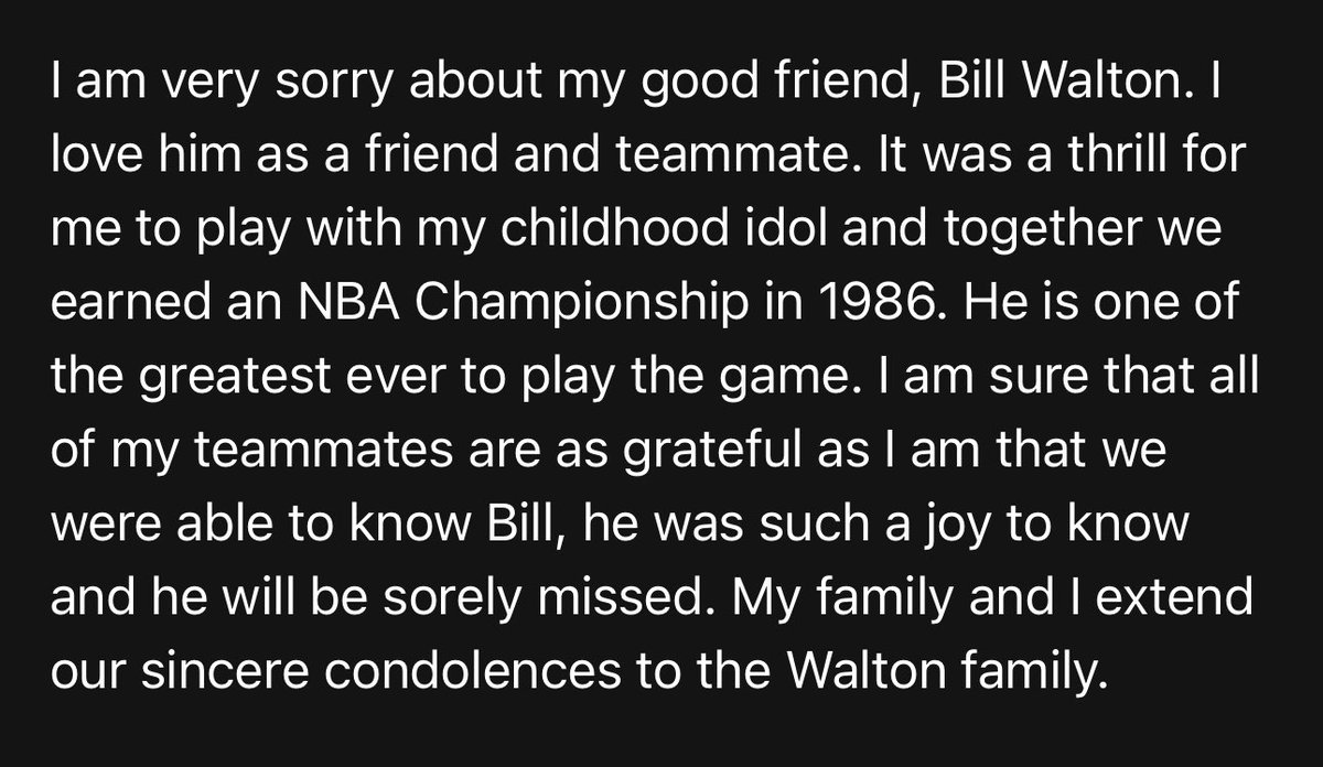 Larry Bird has issued a statement about the passing of his teammate on the 1986 champion Celtics, and longtime friend, Bill Walton: