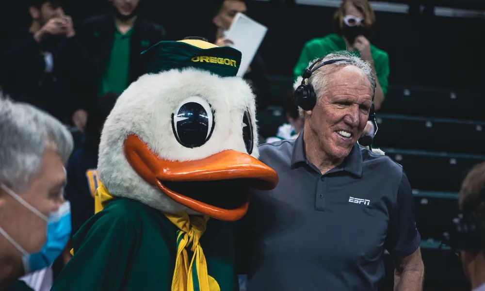 OregonPitCrew's tweet photo. Bill Walton was a special one, all of our students absolutely loved to see him at games and his energy was unlike any other. Rest in peace, Bill. Oregon Pit Crew will miss you 💚💛 https://t.co/OJPGk4NiS2