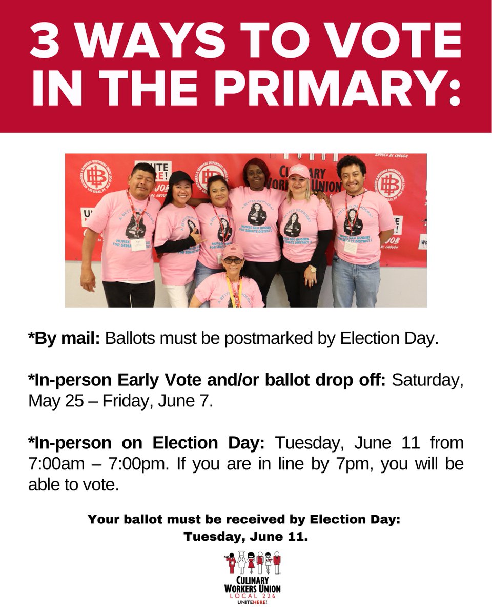 THERE ARE 3 WAYS TO VOTE IN THE PRIMARY: *By mail (see steps 1-6 above): Ballot must be postmarked by Election Day. *In-person Early Vote and/or ballot drop off: Now – Friday, June 7. *In-person on Election Day: Tuesday, June 11 from 7:00am – 7:00pm.