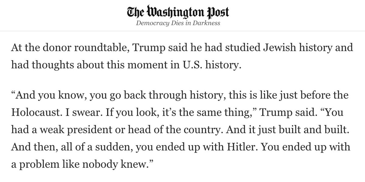 LOL! Trump told a group of 'pro-Israel' donors at a private meeting that he's been studying Jewish history, and right now in the United States is 'like just before the Holocaust'