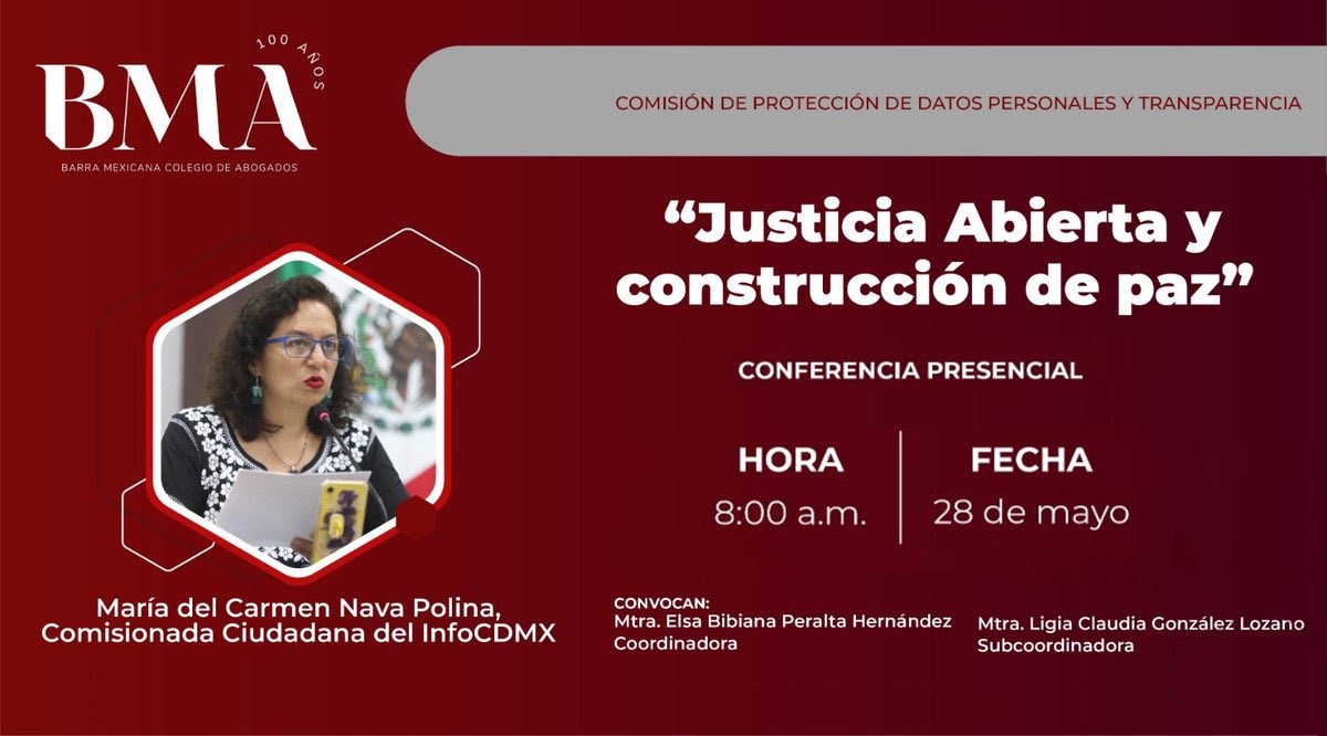 Estamos #OpenGovWeek 2024 y tendré actividades con distintas comunidades. Todas para impulsar #JusticiaAbierta #EstadoAbierto ⚖️🇲🇽

Con @BMA_Abogados conversaré sobre Justicia Abierta y construcción de paz
Martes 28 de mayo
⏰8:00 hrs
📌University Club
✉️barramexicana@bma.org.mx