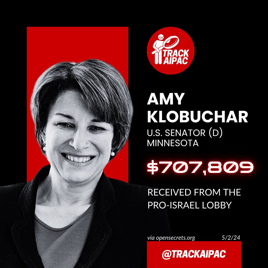 @amyklobuchar Any comment on Israel bombing a refugee camp in Rafah? When will you be collecting your next check from the Israel lobby?