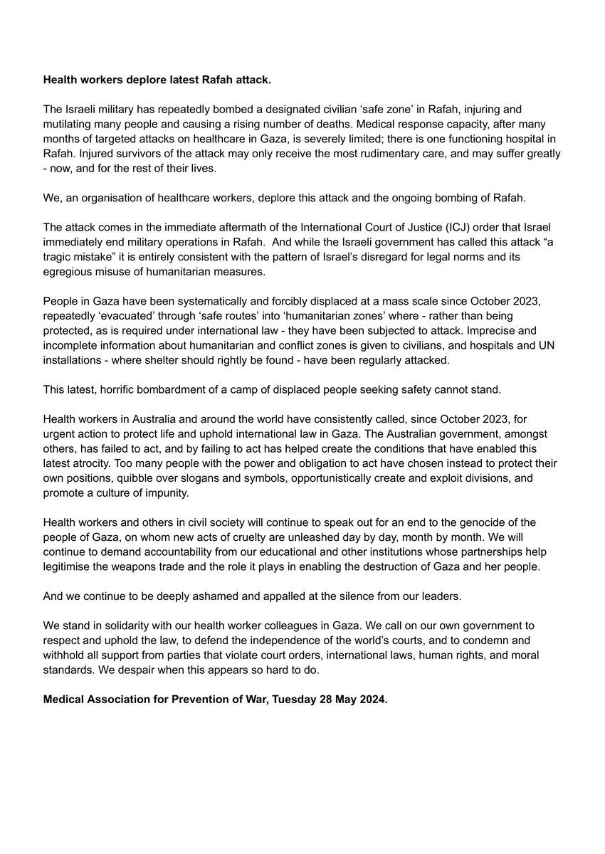 While Israeli govt calls #Rafah attack a 'tragic mistake” it is consistent with 🇮🇱 disregard for legal norms + misuse of humanitarian measures. We stand with our colleagues in #Gaza who are responding to this atrocity whilst themselves under attack.