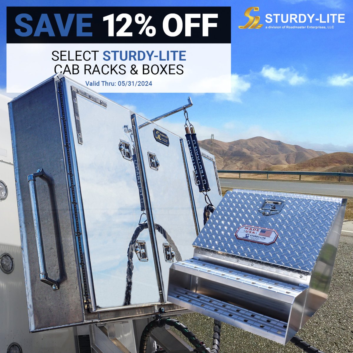 Lots of chances to save big this month, like 12% on select Sturdy-Lite Cab Racks & Boxes❕  4statetrucks.com/sales_promo_6/ Ends 5/31 11:59 p.m. cst #4StateTrucks #ChromeShopMafia #semitrucks #trucking #18wheeler #tractortrailer #diesel #truckers #Sturdylite