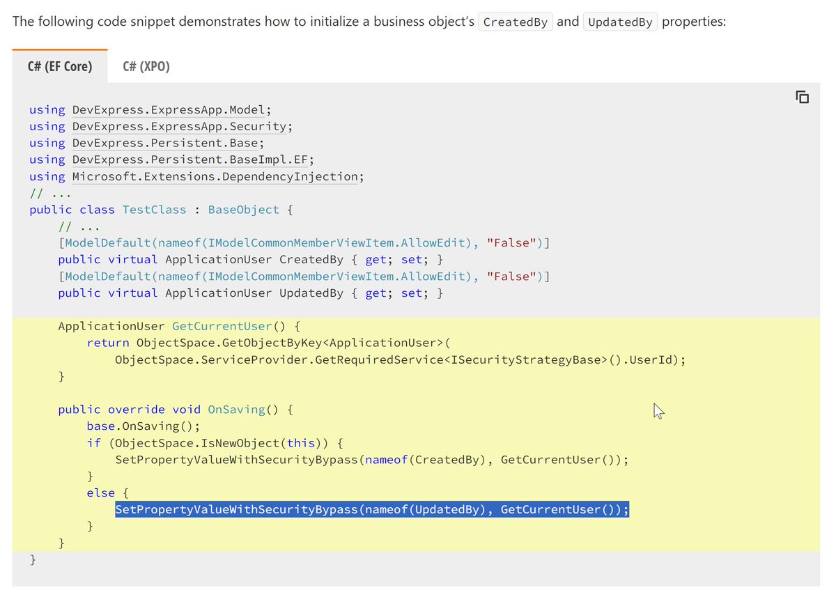 #DevExpress #XAF - Initialize the Object Owner (CreatedBy, UpdatedBy Properties) Using the SetPropertyValueWithSecurityBypass method and #DI docs.devexpress.com/eXpressAppFram…

#security #RBAC #accesscontrol #filtering #dataaccess #WinForms #Blazor #softwaredevelopment #EF #EFCore #XPO #ORM