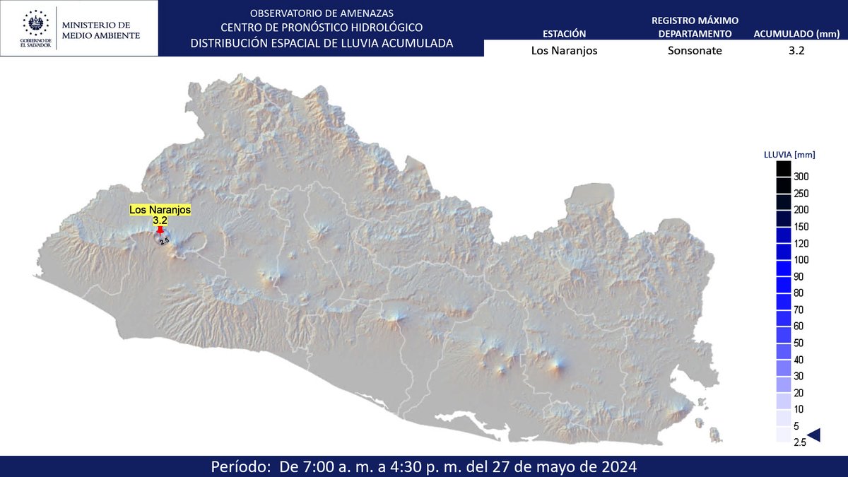 📌#ElObservatorioInforma Mapa de distribución espacial de lluvia acumulada de 7:00 a. m. a 4:30 p. m. de este 27 de mayo de 2024.