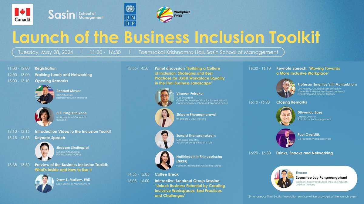 Excited to launch later today the Inclusion Toolkit for Organizations & Business. A tool to promote #DEI in #Thailand🇹🇭🏳️‍🌈 produced by @UNDPThailand @CanadaThailand #WorkPlacePride & @SasinThailand. Let’s make the workplace more inclusive for better results! @UNThailand #SDG10