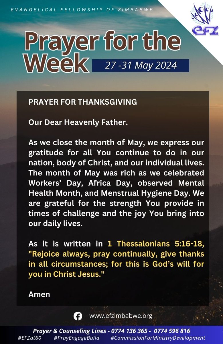 Prayer for the Week: 27 to 31 May 2024
Prayer for thanksgiving.
#PrayEngageBuild #CommissionForMinistryDevelopment #AfricaDay #Africa #ProudlyAfrican