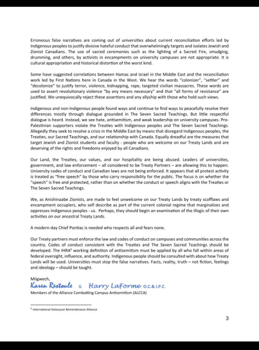 "As Anishinaabe, we are troubled by the expressions of hatred against Jews and Zionists, and the disappointing ignorance, fueled by misinformation coming from universities." 

Read this deputation by The Hon. Harry LaForme &amp; me, to Committee-an Anishinaabe perspective: