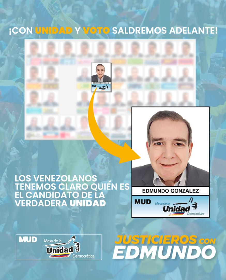 Los Venezolanos estamos claros quien es el Candidato de la Unidad. Todos con Edmundo en la TARJETA de la UNIDAD. La de LA MANITO 👍🏽 que nadie te confunda. #UnidadYVoto #edmundogonzálezurrutia #28Julio #Unidad