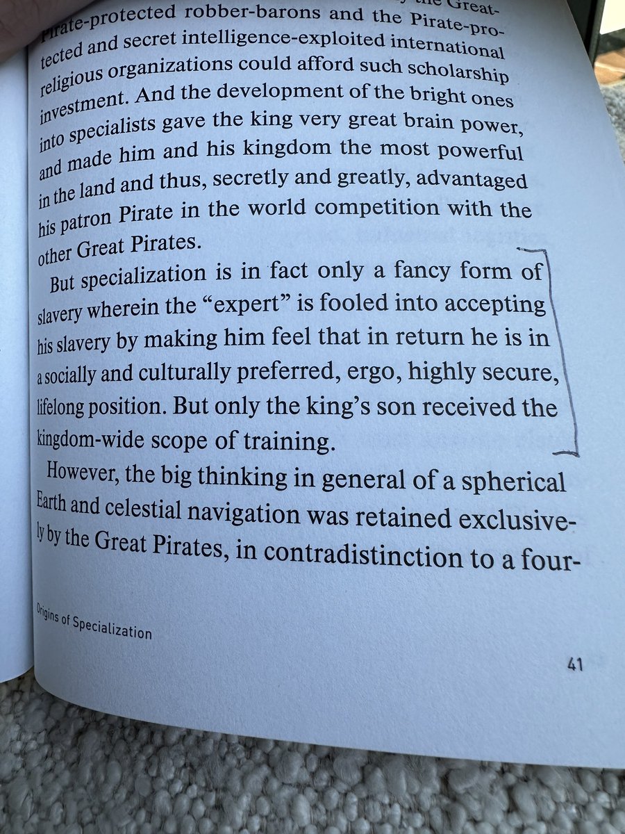 thedankoe's tweet image. Today I learned schools were created to enslave the brightest minds by promising the prestige of specialization so they remained narrow minded and didn’t overthrow the rulers by learning in a big-picture general sense.

The Great Pirates – who had high proficiency in many things…