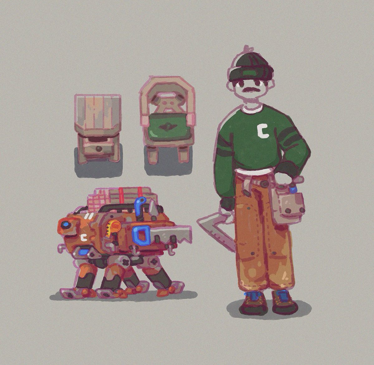 Carpenter sketch for Robot Quest.  It'd be cool to buy furniture and other accessories to design your room or other interiors.