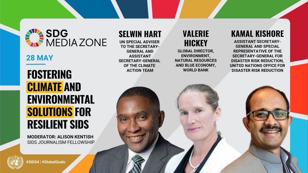📢 Join the SDG Media Zone at🕛12 EST to hear @SelwinHart, @UN #ClimateAction, @ValerieMHickey, @WorldBank Global Director; and Kamal Kishore, @HeadUNDRR discuss how small islands can adapt & build resilience in the face of climate change ➡️ webtv.un.org/en/asset/k15/k…
