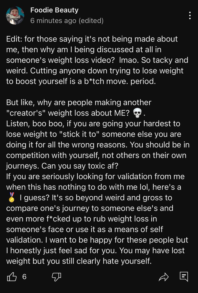 #FoodieBeauty has a history of attacking people for losing weight, saying they “hate themselves” or have “body image issues”. Sounds like a “you” problem, Chantal.
