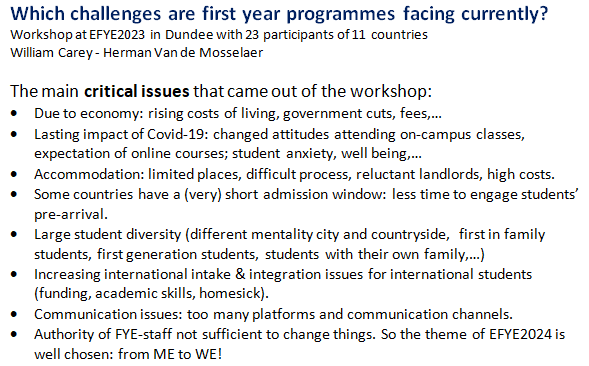VdMHerman's tweet photo. #EFYE2024 starts May 29th in Copenhagen.  In a session at EFYE2023 @WilliamCarey and I asked the question ‘Which challenges are first year programmes facing?’  Are the answers of the participants from 11 countries still recognizable in 2024? https://t.co/6cQqkYBGiN