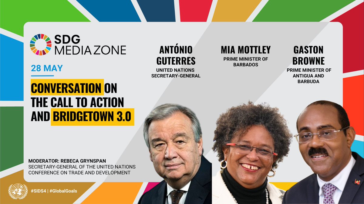 📢 In the SDG Media Zone at 🕛 1:15 – @UN Chief @antonioguterres, @miaamormottley PM of Barbados, & @gastonbrowne, PM of Antigua & Barbuda, in a session on how #SIDS are addressing debt and unlocking financing for a more sustainable future. webtv.un.org/en/asset/k1m/k…