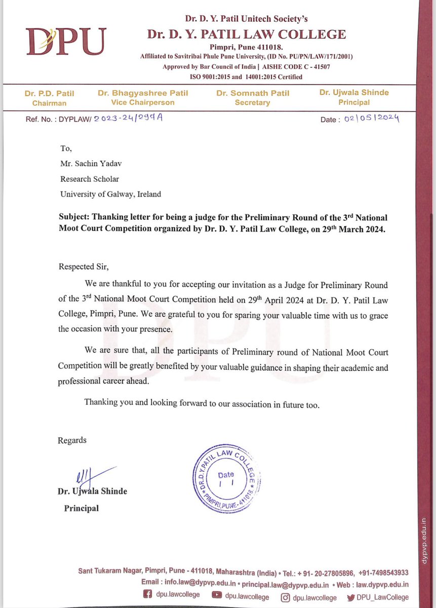 saach__in's tweet photo. It was an absolute pleasure to judge the Moot Court Competition at Dr. D.Y. Patil law College, India. 
⭐️❤️ https://t.co/9ZBuzCJUVM