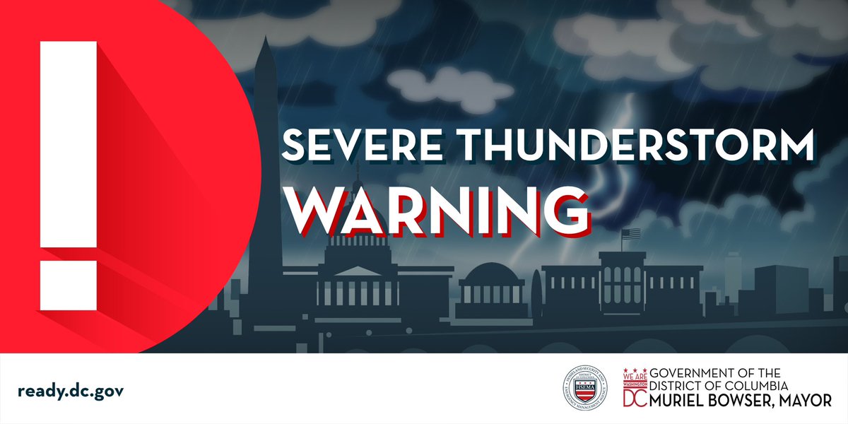 5/27 (7:56pm) @NWS_BaltWash has issued a Severe Thunderstorm Warning for DC until 8:30pm. A warning means conditions for the storms are extremely likely. If you hear thunder roar, seek safety indoors! Follow @AlertDC & @NWS_BaltWash for updates. #ReadyDC