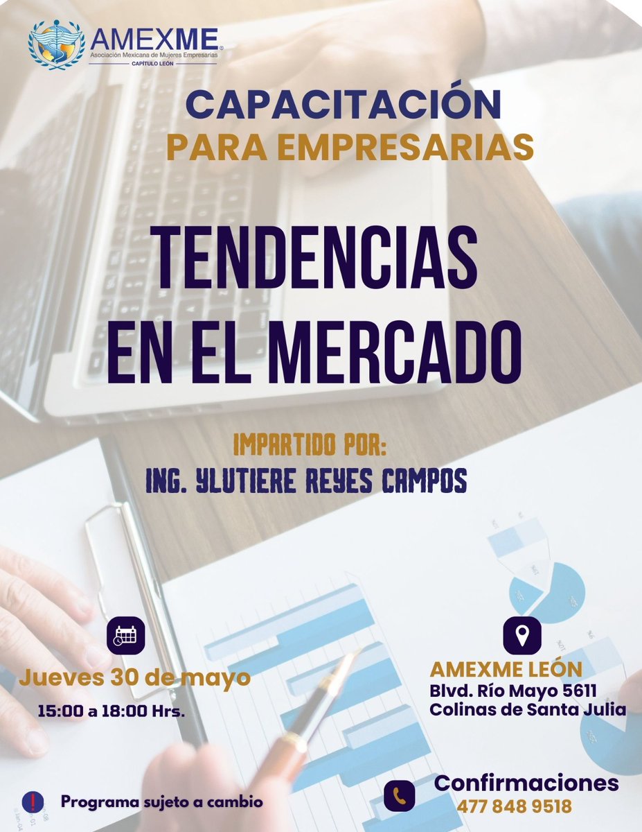 📣¡Capacitación para empresarias!
Estimadas asociadas:
#AMEXMECompetitiva a través de su Dirección de Capacitación invita a participar en la capacitación “Tendencias en el mercado” 📊, impartida por la Ing. Ylutiere Reyes Campos.