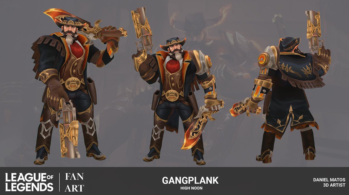 If you haven't already done so, you can take a closer look at High Noon Gangplank's model and textures on my artstation post here: artstation.com/artwork/rJ8mw2 🤠

#leagueoflegends #gangplank #highnoon