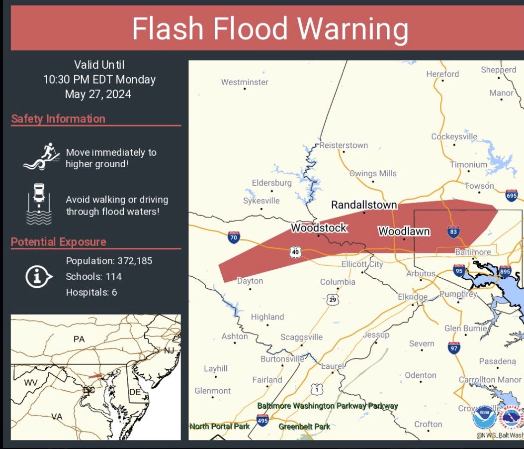 Baltimore City Residents: (1/2) Please be advised that a FLASH FLOOD WARNING has also been issued for multiple areas including Baltimore City, that will be in effect from today Monday May 27, 2024 until 10:30 PM tonight.